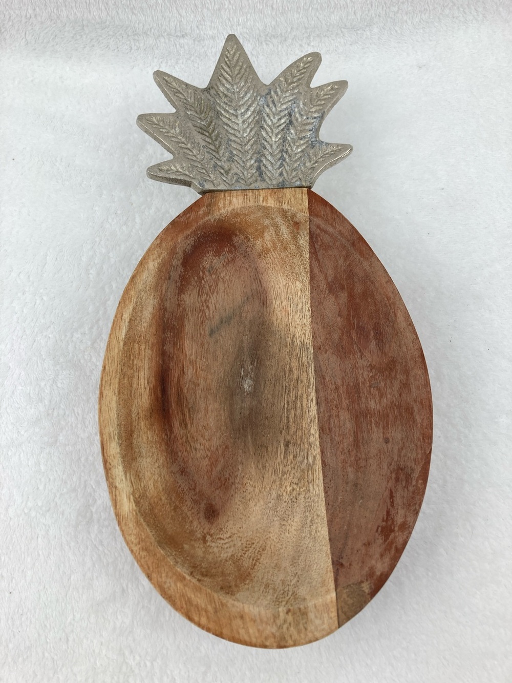 Tiki Party Wooden Pineapple Bowl/Serving Dish Metal Crown 12” x 6”